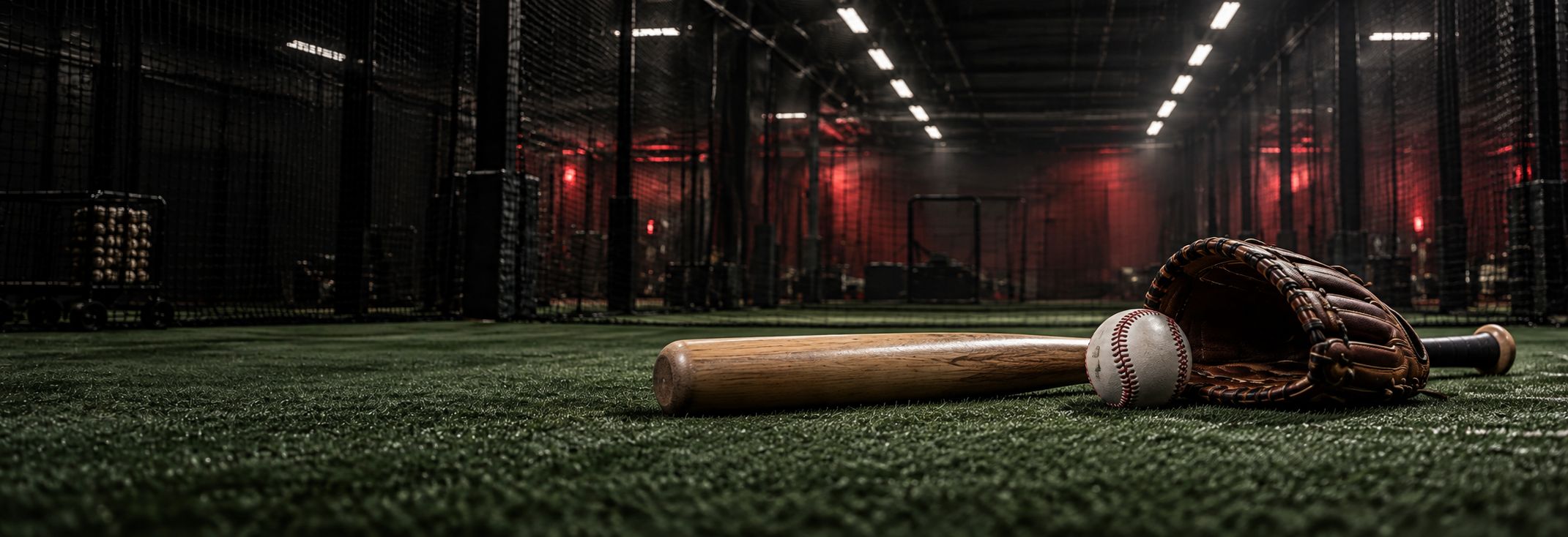 Baseball equipment on indoor turf