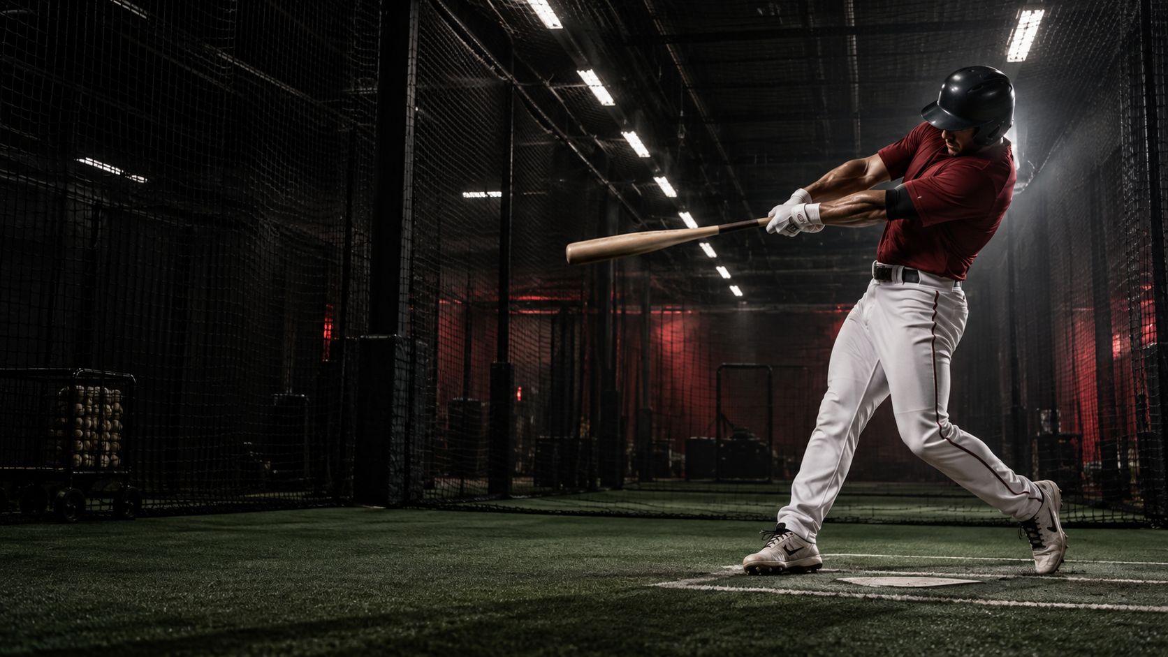 Baseball player taking a swing in an indoor batting lane