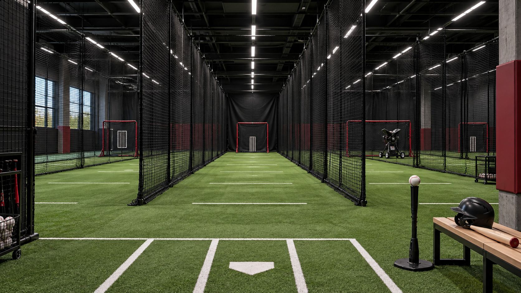 A dedicated indoor training lane with turf and protective netting